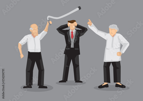 Old Folks Argument and Stressed Up Mediator Cartoon Vector Illustration