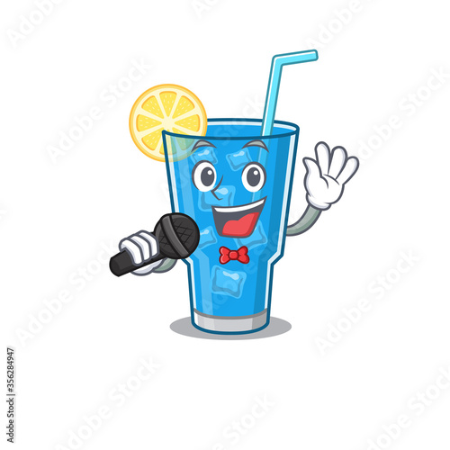 cartoon character of blue lagoon cocktail sing a song with a microphone