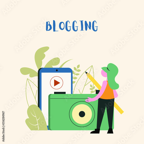 Blog concept vector illustration, Girl creating a creative content for a blog, Vlogging concept vector illustration 