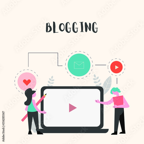 People making content for blog, Blogging vector illustration in colorful flat style