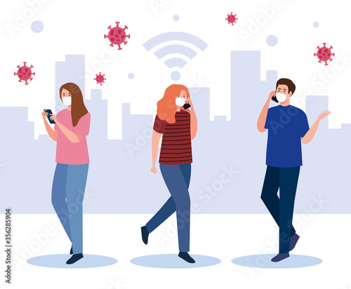 people with medical masks holding smartphone design of Covid 19 virus theme Vector illustration