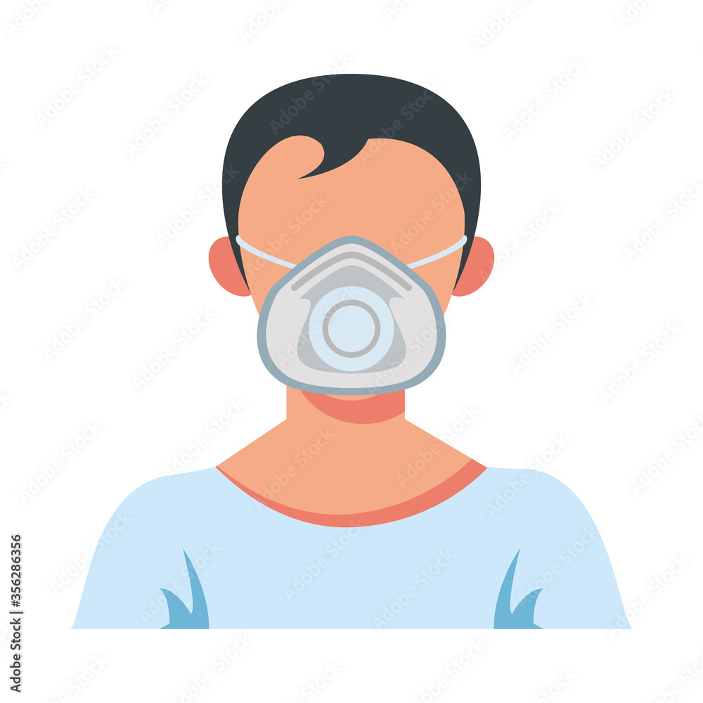 young man wearing medical mask with filter character