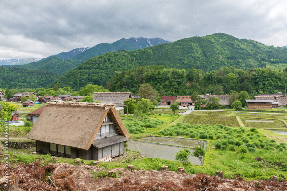 Idyllic landscape of historic village Shirakawa-go in Japan in Springtime