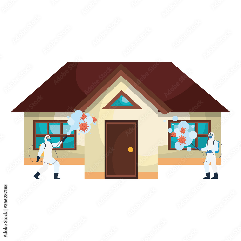 Men with protective suit spraying house with covid 19 virus design, Disinfects clean and antibacterial theme Vector illustration Men with protective suit spraying house with covid 19 virus design, Disinfects clean and antibacterial theme Vector illustration