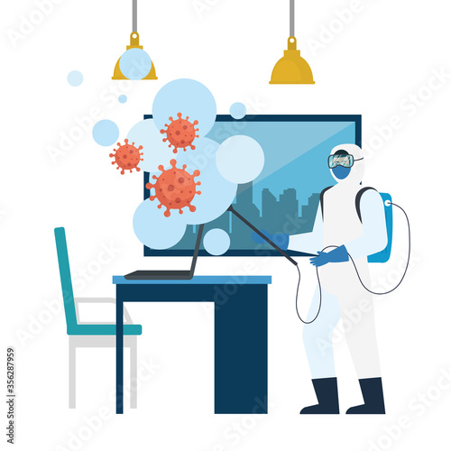 Man with protective suit spraying office desk with covid 19 virus design, Disinfects clean and antibacterial theme Vector illustration