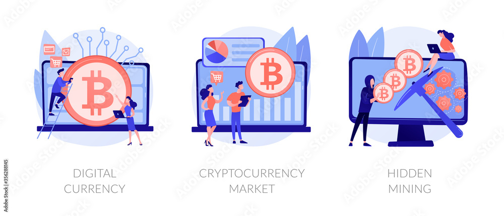 Blockchain technology. Cyber banking space procedures. Ecurrency transactions. Digital currency, cryptocurrency market, hidden mining metaphors. Vector isolated concept metaphor illustrations