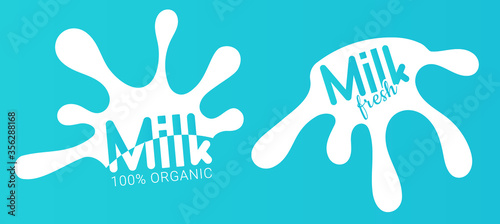 Milk badge and dairy labels with splashes and bolts. Milk badge with drop and splash for labels of package.