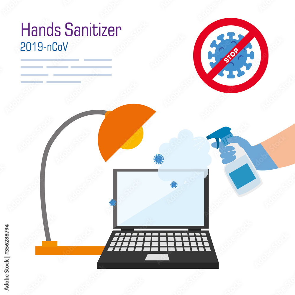 hand cleaning laptop with covid 19 virus design, Disinfects clean antibacterial and hygiene theme Vector illustration - obrazy, fototapety, plakaty 