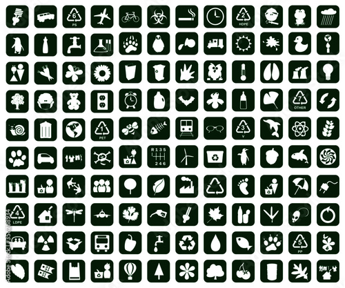 Environment icons; recycle symbols, foot print, weather, plants, transportation, animals