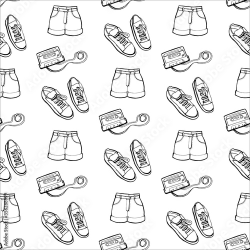 Hand drawn summer seamless pattern. 80s vector background. Artistic doddle drawing. Creative ink art work. Fashion illustration season objects.