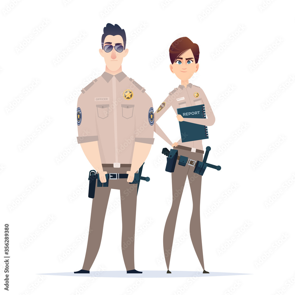 Police officer couple in the uniform standing. Police characters. Public safety officers. Guardians of law and order Police officer couple in the uniform standing. Police characters. Public safety officers. Guardians of law and order