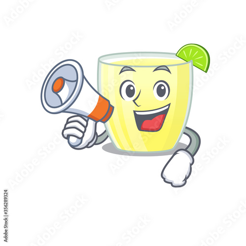 Mascot design of daiquiri cocktail announcing new products on a megaphone