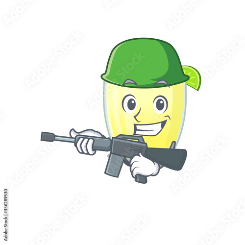 A cartoon picture of Army daiquiri cocktail holding machine gun