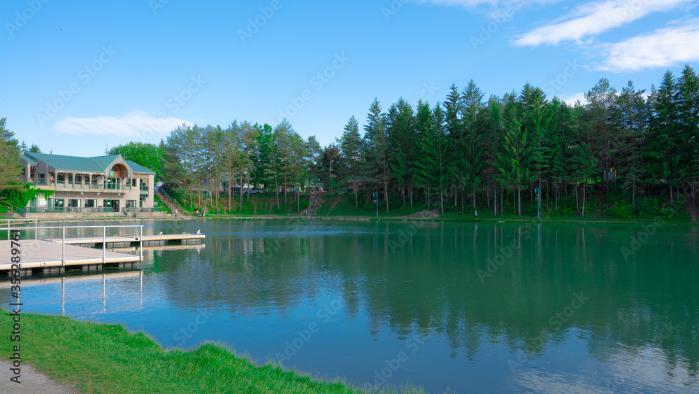 Beautiful lake greenery with blue sky
