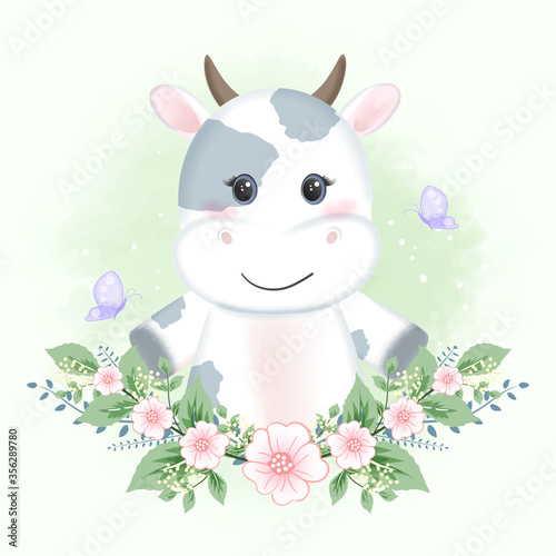 Cute baby cow and butterflies with flower hand drawn cartoon animal watercolor illustration