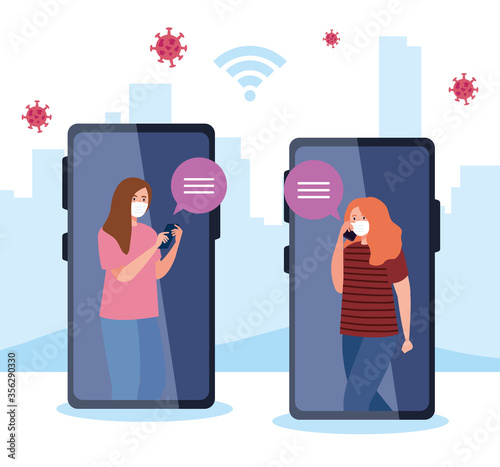 Women with medical masks holding smartphone design of Covid 19 virus theme Vector illustration