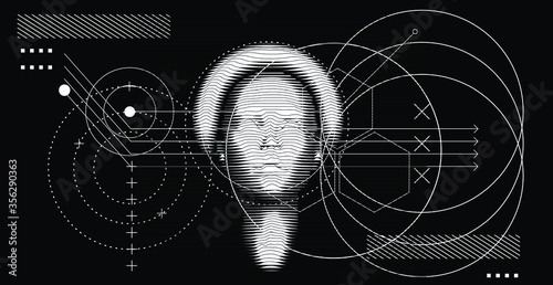 Artificial Intelligence concept. 3D model of human face made of lines, Op art surreal style.