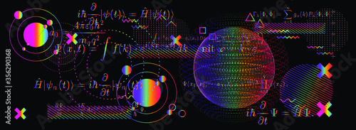 Blackboard with calculations: Schrodinger equation and other quantum mechanics formulas. Concept of education and complex systems.