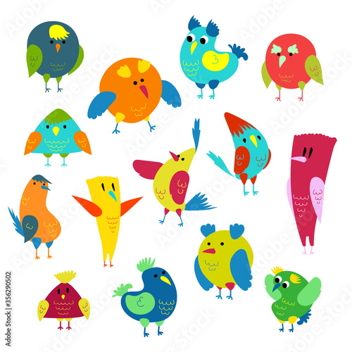 Cartoon colorful birds set. Color illustration. Drawing with no stroke