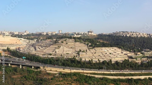 Jerusalem Highway 1 Traffic and Givat Shaul Cemetery-Aerial
Israel,Sunset,June-2020
 photo