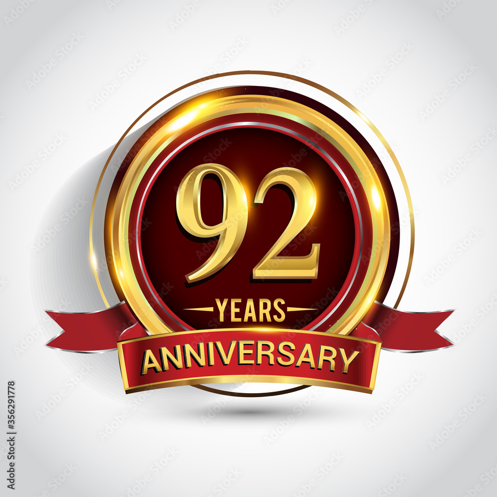92nd golden anniversary logo with ring and red ribbon isolated on white background 92nd golden anniversary logo with ring and red ribbon isolated on white background