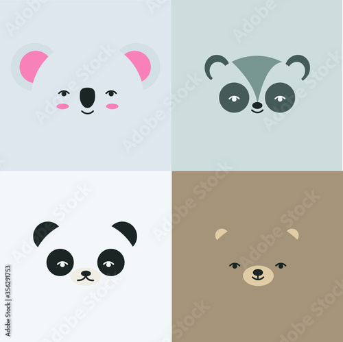 Animals face postcard set, Animals background set vector illustration in cute, adorable, flat style