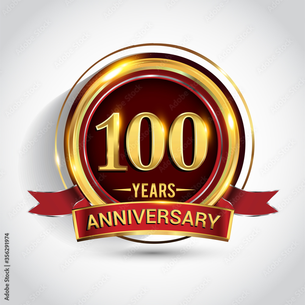 100th golden anniversary logo with ring and red ribbon isolated on white background