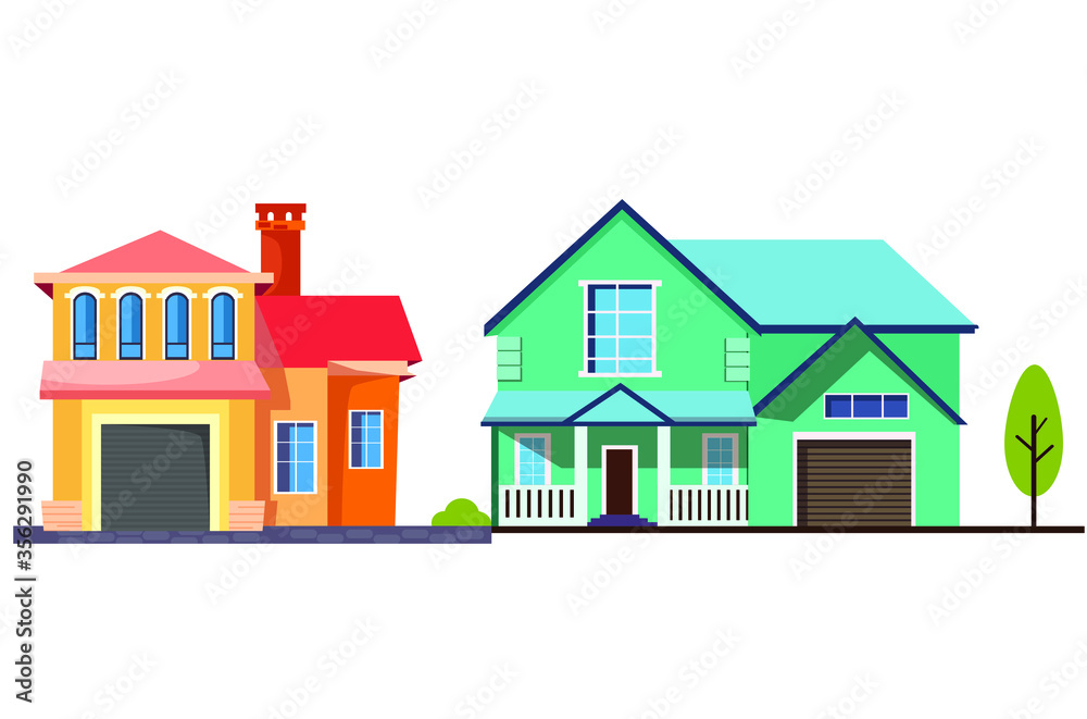 House building vector icons. Village home, cottage and villa, architecture, and real estate industry. The exterior of buildings with windows, roofs, doors, and garages Vector flat illustration.