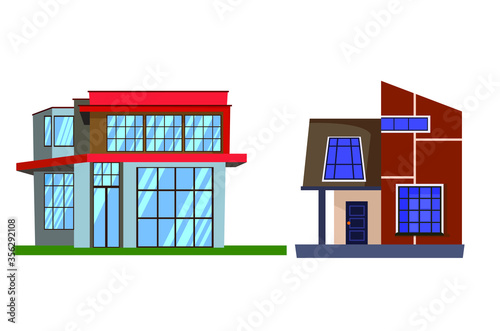 House building vector icons. Village home, cottage and villa, architecture, and real estate industry. The exterior of buildings with windows, roofs, doors, and garages Vector flat illustration.
