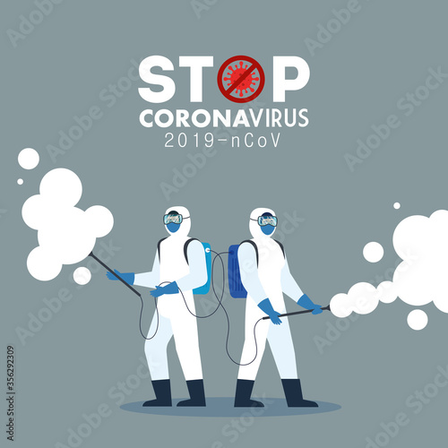 men with protective suit spraying covid 19 virus design, Disinfects clean antibacterial and hygiene theme Vector illustration