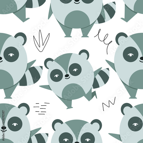Cute Raccoon seamless vector pattern, Raccoon vector illustration in flat style