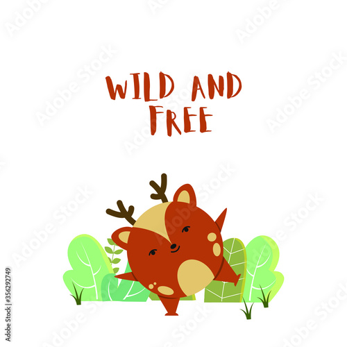 Cute Deer, Wild and free concept, Animals vector illustration for kids in modern, cute, flat style