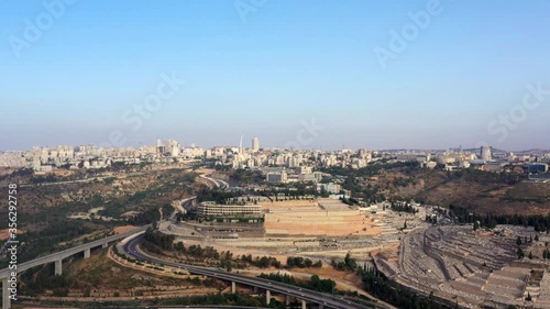 Jerusalem Main Entrance Aerial Flight to the center
Highway 1, Givat Shaul Cemetery Mountain and Chords Bridge in the distance, Israel
 photo