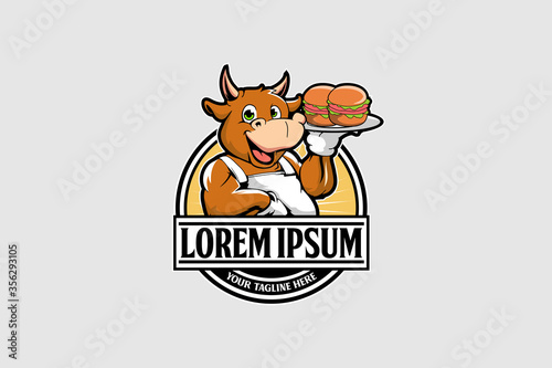 Cute chef bull cartoon character with burger food logo template