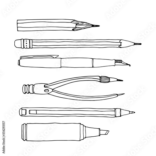 set of stationery, ballpoint pen, pencil, compass, vector illustration isolated on a white background with black ink contour lines in a doodle & hand drawn style