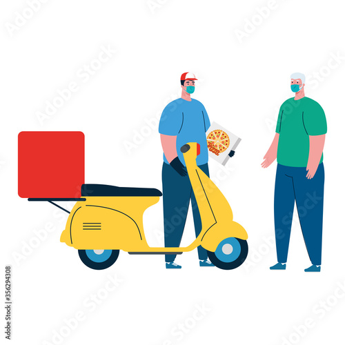 man and client with mask motorcycle and pizza box design, Safe delivery logistics and transportation theme Vector illustration