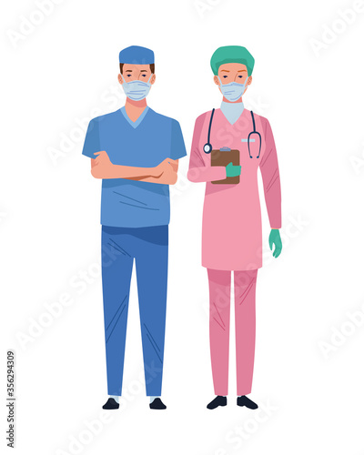 couple surgeons wearing medical masks characters