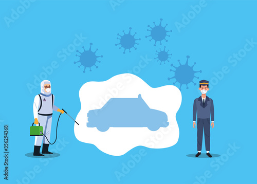 biosafety worker with sprayer disinfectant vehicle for covid19 prevention
