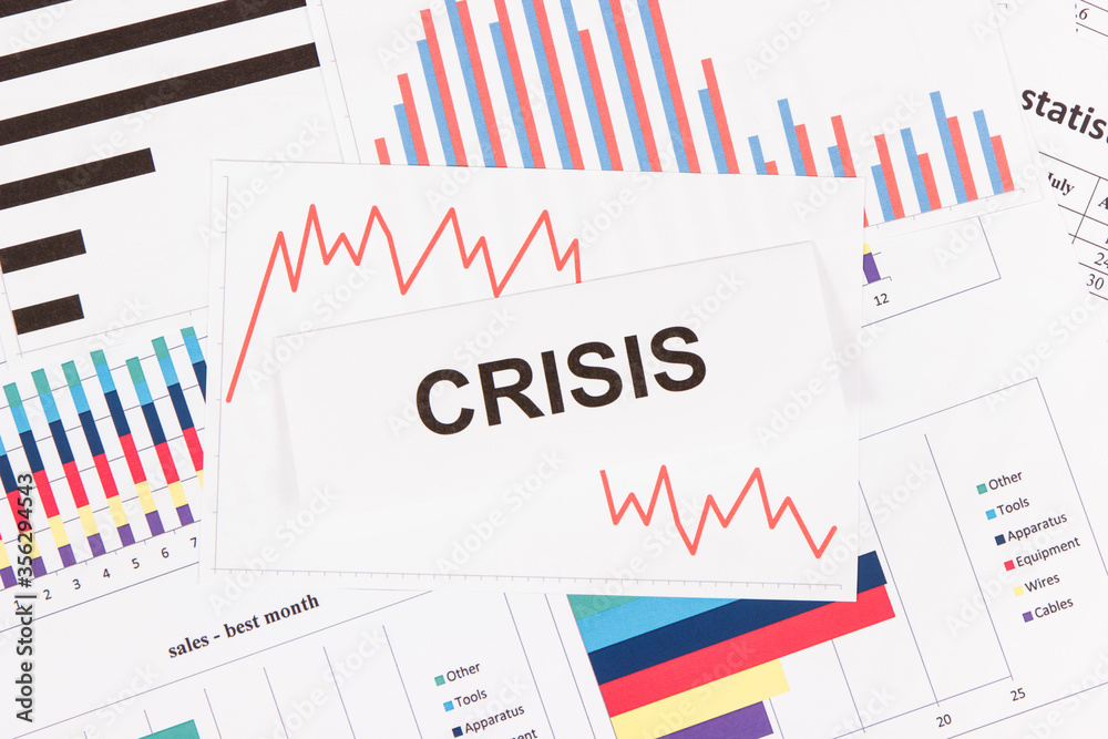 Inscription crisis and declining chart as risk of financial crisis caused by coronavirus Inscription crisis and declining chart as risk of financial crisis caused by coronavirus