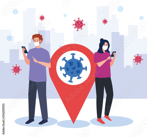 Woman and man with medical mask holding smartphone and gps mark design of Covid 19 virus theme Vector illustration