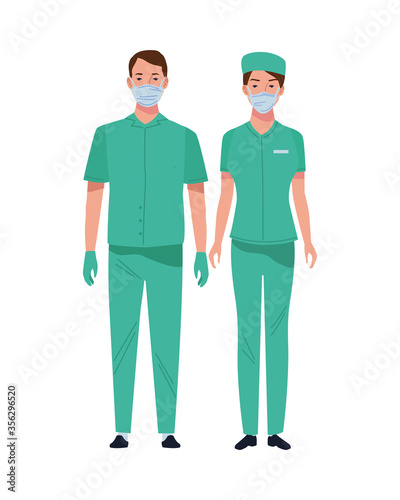 couple surgeons wearing medical masks characters