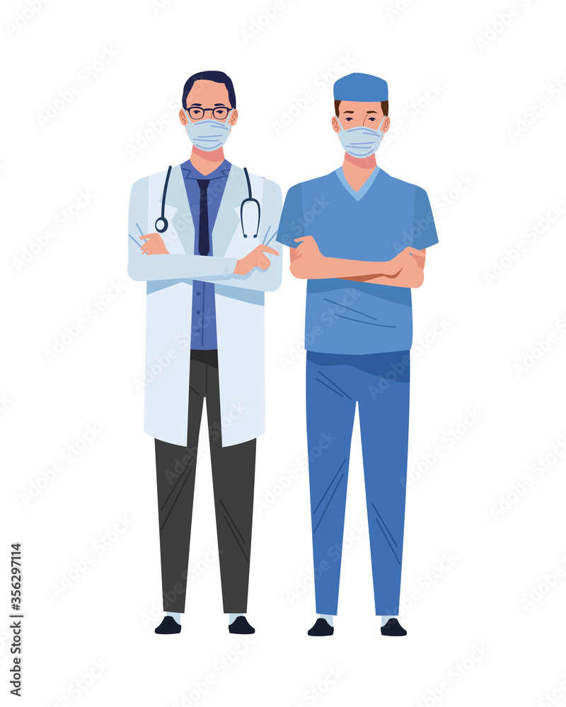 male doctor and surgeon wearing medical masks characters