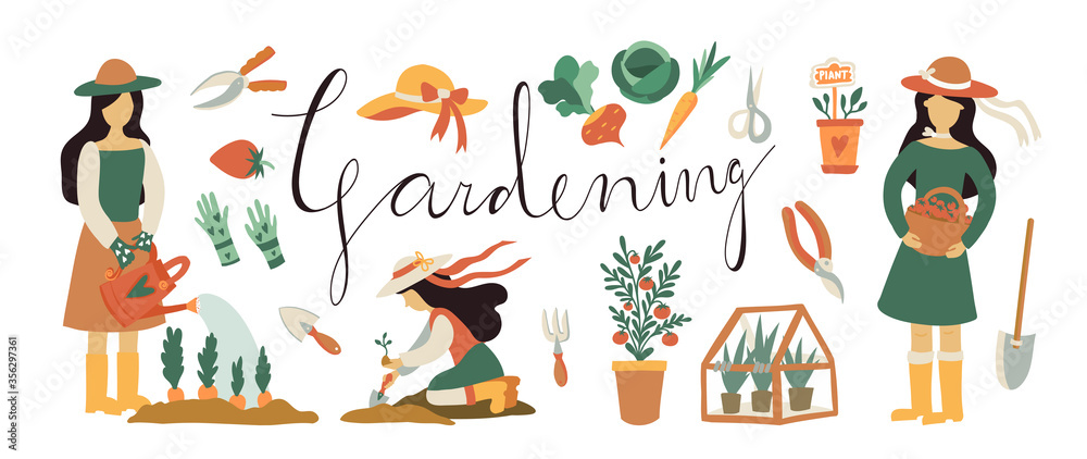Fototapeta premium Girl horticultural plant. A young woman works in the garden or on the farm. Vector illustration with lettering Gardening. Flat stickers, cute garden tools