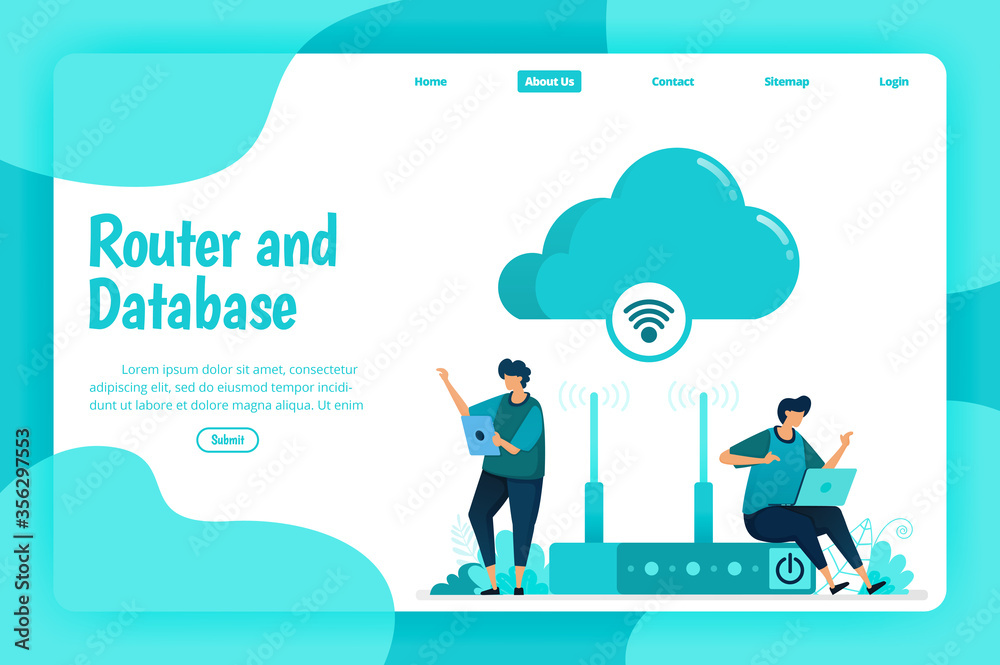 Landing page template of router and database service. Wifi network and infrastructure for internet connection and safe access. Illustration of landing page, website, mobile apps, poster, flyer Landing page template of router and database service. Wifi network and infrastructure for internet connection and safe access. Illustration of landing page, website, mobile apps, poster, flyer