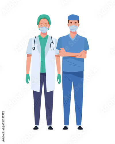 male doctor and surgeon wearing medical masks characters