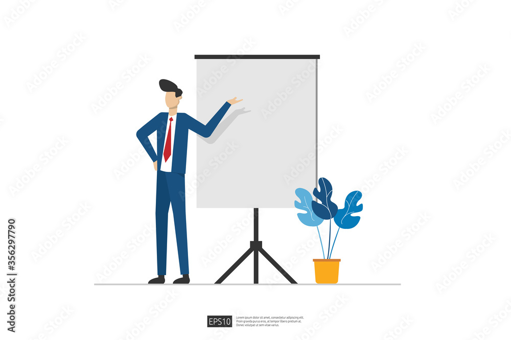 Businessman presenting marketing idea plan concept. Business character giving presentation report, lesson session, meeting, council on a whiteboard. Flat style vector illustration