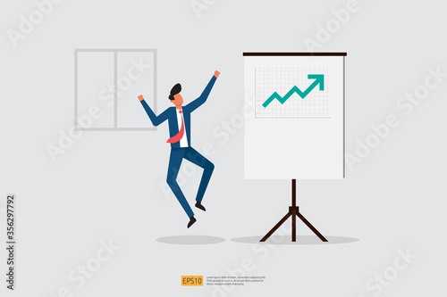 happy businessman jumps because increase sales presentation report on whiteboard. Finance performance concept. business profit with growth up arrow and people character. salary rate grow.