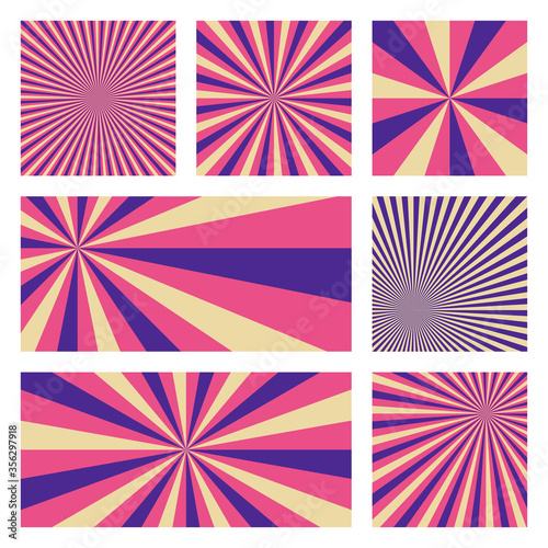 Amazing sunburst background collection. Abstract covers with radial rays. Artistic vector illustration.