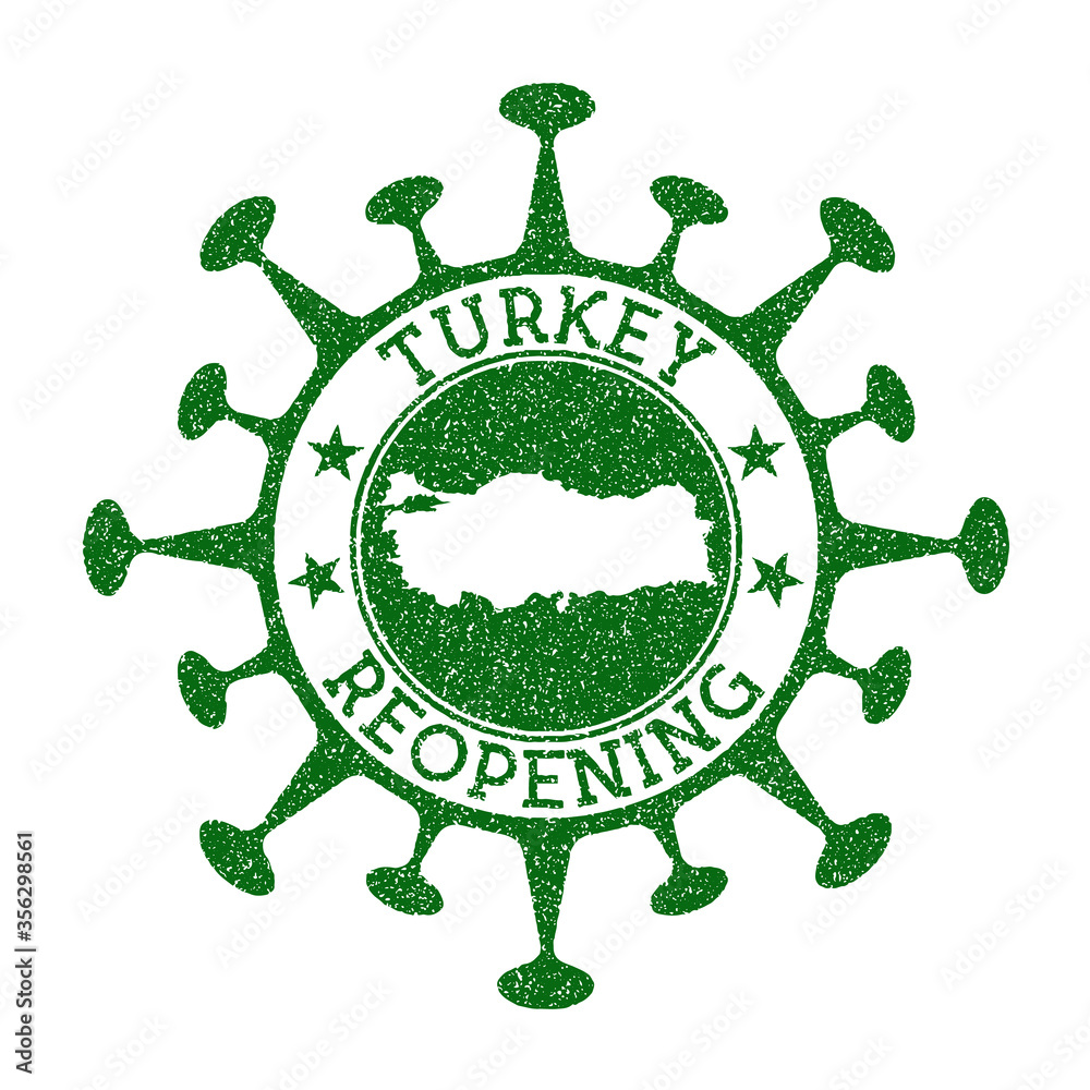 Turkey Reopening Stamp. Green round badge of country with map of Turkey. Country opening after lockdown. Vector illustration.