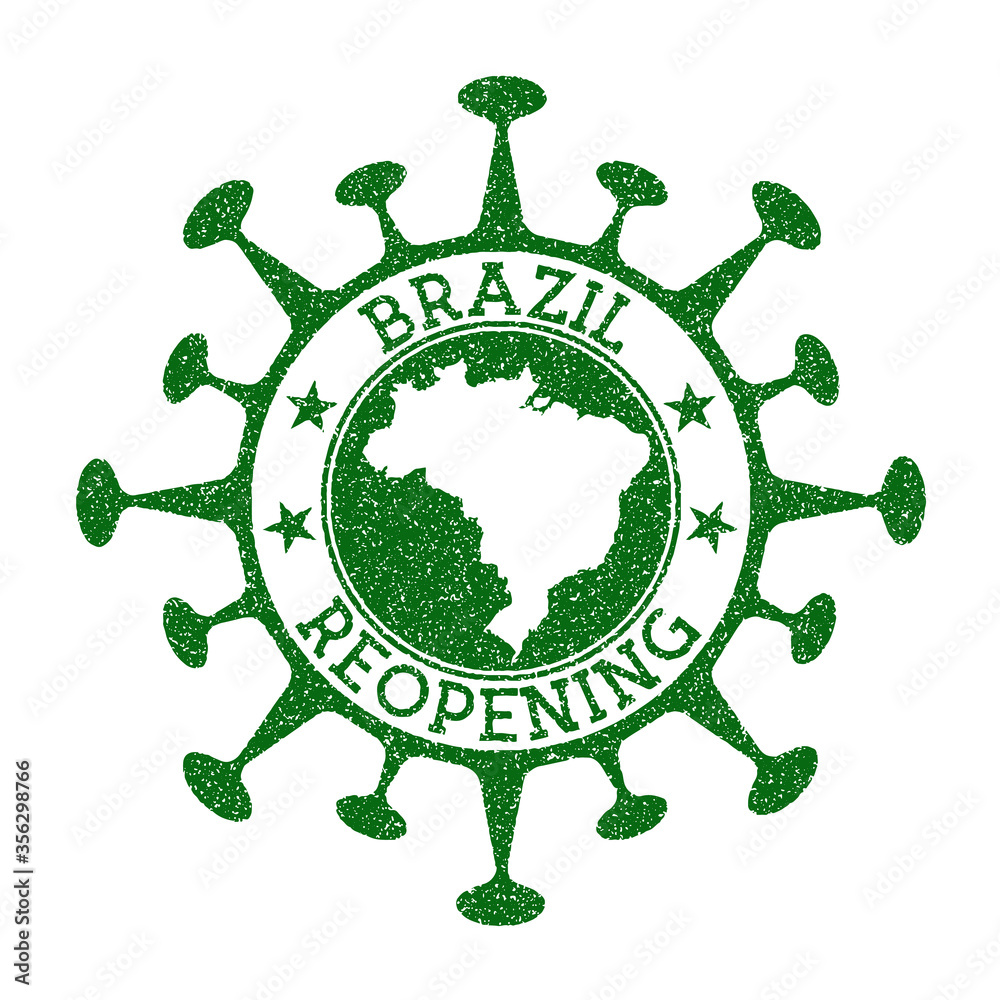 Brazil Reopening Stamp. Green round badge of country with map of Brazil. Country opening after lockdown. Vector illustration.